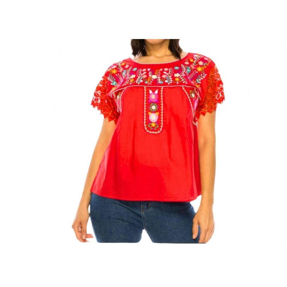 NEW UNIK embroidered mexican lace sleeve blouse in red